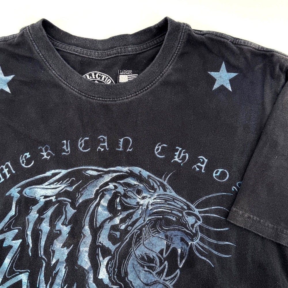Affliction American Chaos T-Shirt Mens Large Black Blue Tiger Graphic‎ Tee
